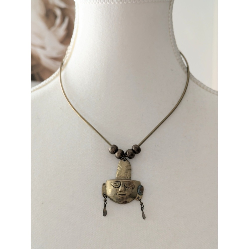 Vintage Aztec Warrior God Pendant Necklace In Tarnished Brass Tribal Ethnic 14"
